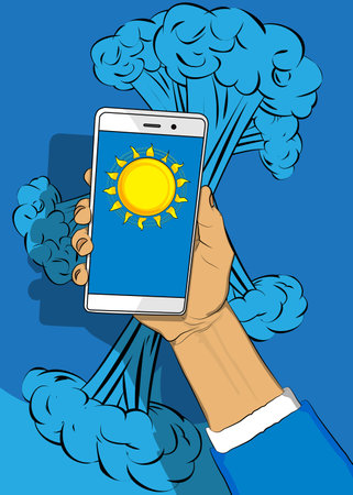 Cartoon Smartphone, comic book Telephone with Summer Sun. Retro vector comics pop art design.のイラスト素材