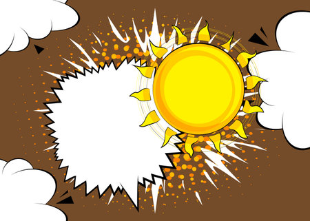 Cartoon Summer Sun with blank speech bubble, comic book Sunny background. Retro vector comics pop art design.のイラスト素材