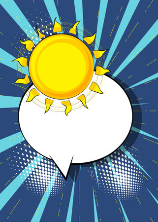 Cartoon Summer Sun with blank speech bubble, comic book Sunny background. Retro vector comics pop art design.のイラスト素材