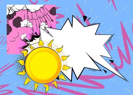Cartoon Summer Sun with blank speech bubble, comic book Sunny background. Retro vector comics pop art design.のイラスト素材