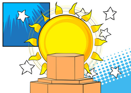 Comic Book Product podium stage for mockup presentation with Summer Sun. Retro Sunny comics background.のイラスト素材