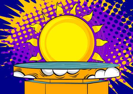 Comic Book Product podium stage for mockup presentation with Summer Sun. Retro Sunny comics background.のイラスト素材