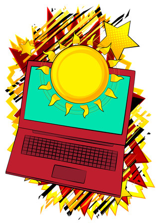 Cartoon Laptop, comic book Notebook with Summer Sun. Retro vector comics pop art design.のイラスト素材