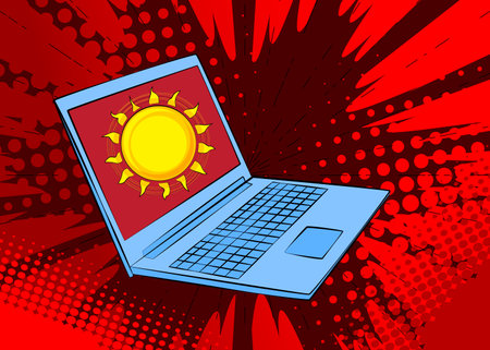 Cartoon Laptop, comic book Notebook with Summer Sun. Retro vector comics pop art design.のイラスト素材