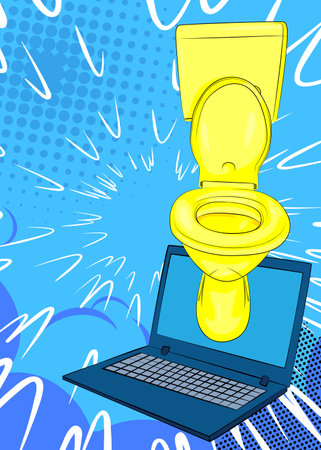 Cartoon Laptop, comic book Notebook with Flush Toilet. Retro vector comics pop art design.のイラスト素材