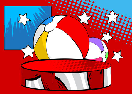 Comic Book Product podium stage for mockup presentation with Beach Ball. Retro comics background.のイラスト素材