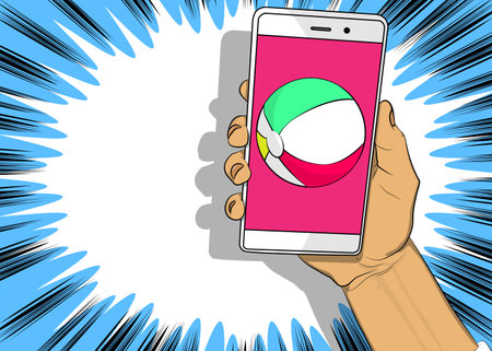 Cartoon Smartphone, comic book Telephone with Beach Ball. Retro vector comics pop art design.のイラスト素材
