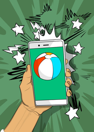 Cartoon Smartphone, comic book Telephone with Beach Ball. Retro vector comics pop art design.のイラスト素材