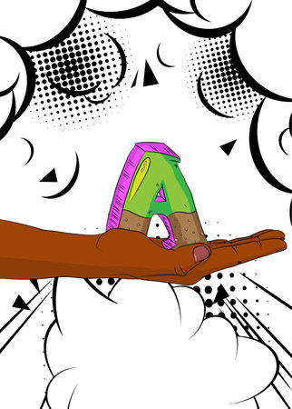 Cartoon, comic book human hands holding letter A. Retro vector comics pop art design.のイラスト素材