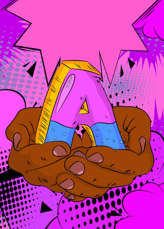 Cartoon, comic book human hands holding letter A. Retro vector comics pop art design.のイラスト素材
