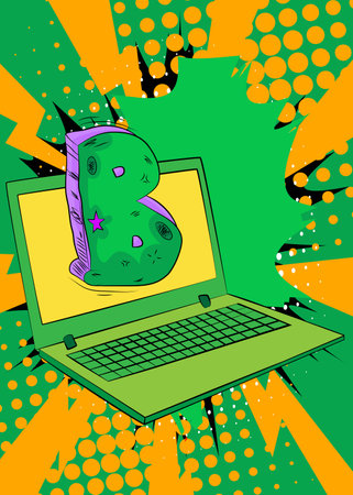 Cartoon Laptop, comic book Notebook with Letter B. Retro vector comics pop art design.のイラスト素材