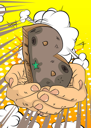 Cartoon, comic book human hands holding Letter B. Retro vector comics pop art design.のイラスト素材