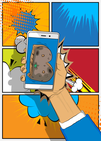 Cartoon Smartphone, comic book Telephone with Letter B. Retro vector comics pop art design.のイラスト素材