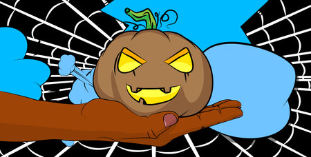 Cartoon, comic book human hands holding Jack O' Lantern. Retro Halloween Pumpkin vector comics pop art design.のイラスト素材