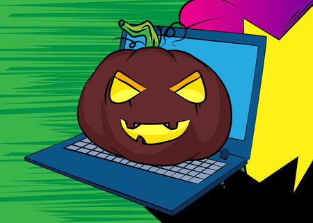 Cartoon Laptop, comic book Notebook with Halloween Jack O' Lantern Pumpkin. Retro vector comics pop art design.のイラスト素材
