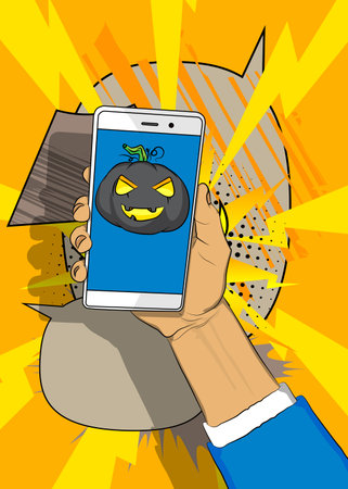Cartoon Smartphone, comic book Telephone with Halloween Jack O' Lantern Pumpkin. Retro vector comics pop art design.のイラスト素材