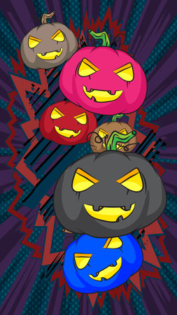 Cartoon many small Jack O' Lantern, comic book Halloween Pumpkin. Retro vector comics pop art design.のイラスト素材