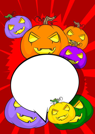 Cartoon many little Halloween Pumpkin with blank speech bubble, comic book Jack O' Lantern background. Retro vector comics pop art design.のイラスト素材