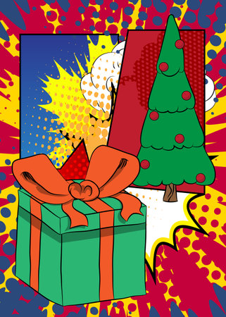 Cartoon Gift Box and Christmas decorated pine tree, comic book holiday celebration. Retro vector comics pop art design.のイラスト素材