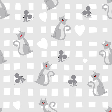 Checked-striped pattern with mice and catsのイラスト素材