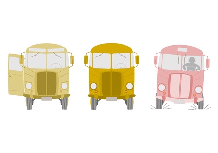 Front view of retro bus. Three versions: moving, standing, and open the door.のイラスト素材