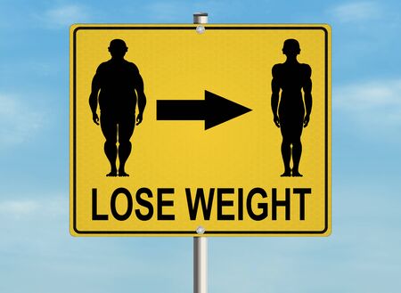 A road sign with the issue of obesity and proper weight on the sky background. Raster illustration.の写真素材