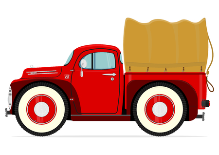 Cartoon truck. Red retro car on big wheels. Side view. Flat vector.のイラスト素材