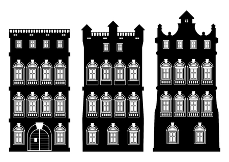 Silhouettes of old townhouses on a white background. Flat vectorのイラスト素材