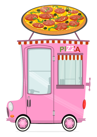 Funny cartoon pizza delivery car on a white background. Flat vectorのイラスト素材