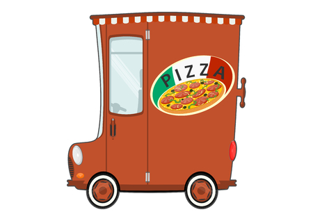 Funny cartoon pizza delivery van. Flat vectorのイラスト素材