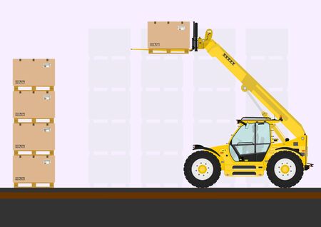 Illustration of hydraulic forklift with boxes on the pallet. Flat vectorのイラスト素材