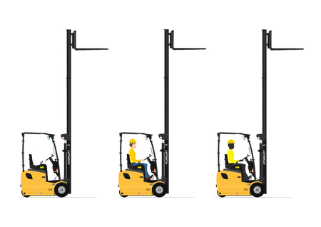 Three wheel electric counterbalance forklift on a white background. Set with the driver and without. Flat vectorのイラスト素材