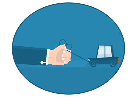Cartoon hand pulling a car. Flat vector.のイラスト素材