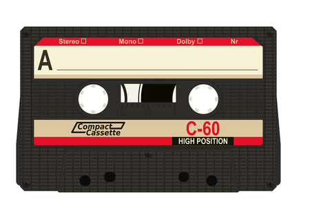 Black retro audio cassette with label isolated on white background. Flat vector.のイラスト素材