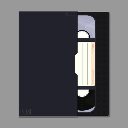 Black retro video cassette with box and place for any text. Flat vector.のイラスト素材