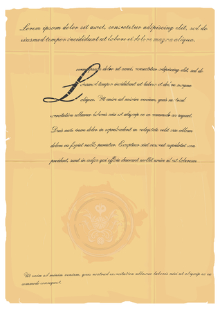 Old document with wax seal stamp and Lorem Ipsum fake text. Vintage style paper. Flat vector.のイラスト素材