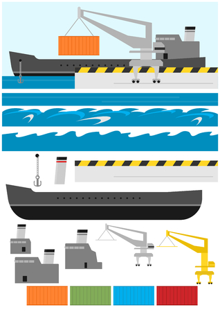 Simplified cargo ship. Element for infographics. Side view. Flat vector.のイラスト素材