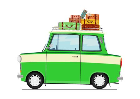 Cartoon car with suitcases on the roof. Side view. Flat vector.のイラスト素材