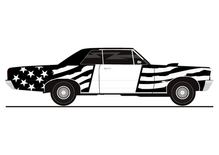 Sticker of muscle car in the color of the American flag. Side view. Flat vector.のイラスト素材