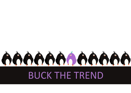 Buck the trend. A group of black penguins with one in a different color. Flat vector.のイラスト素材