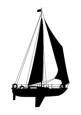 Side view of a sailing boat. Black silhouette of a yacht on a white background. Water sport. Cartoon flat vector.のイラスト素材