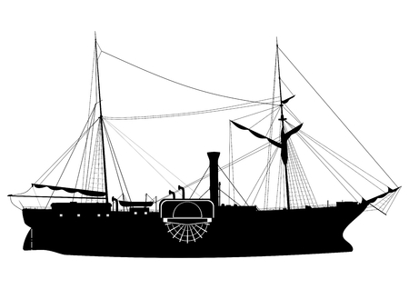 Steamship. Silhouette of a paddle steamer on a white background.Side view. Flat vector.のイラスト素材