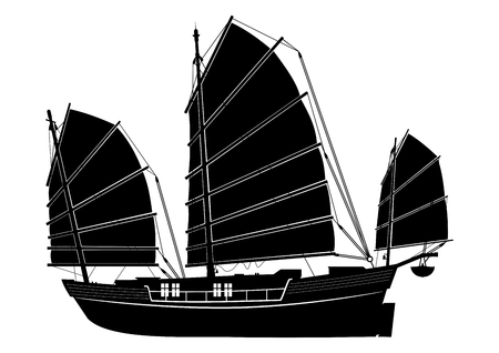 Junk boat. Silhouette of a Chinese vintage ship. Side view. Flat vector.のイラスト素材