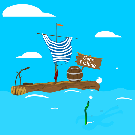 Gone fishing. An empty cartoon raft with a shadow of a man snorkeling alongside. Flat vector.のイラスト素材