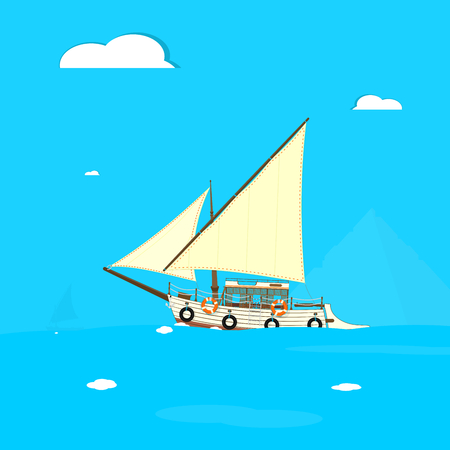 Old felucca boat. Retro cartoon sailboat on a square blue background. Flat vector.のイラスト素材