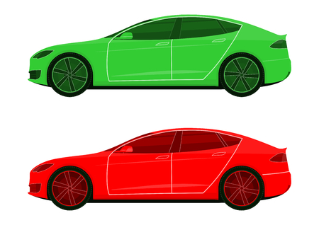 Set of two icons of modern cars. Side view. Flat vector.のイラスト素材