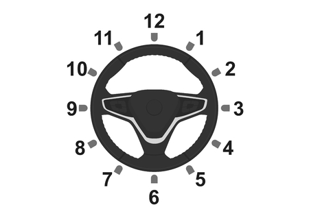Driving safety. The right position of the hands on the steering wheel. 9 and 3 driving position. Flat vector.のイラスト素材