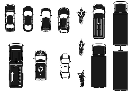 Vehicles. Set of different vehicle icons. Car, ambulance, motorcycle, truck and fire truck icons. Flat vector.のイラスト素材