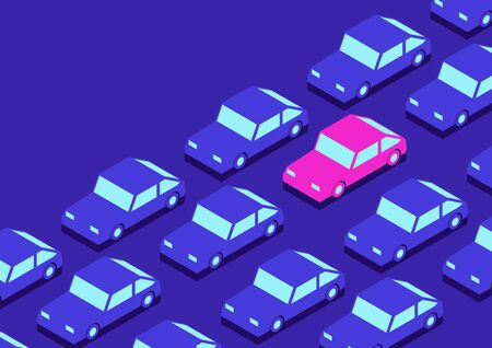 Cars with one in a distinctive color. Background with space for any text. Flat vector.のイラスト素材