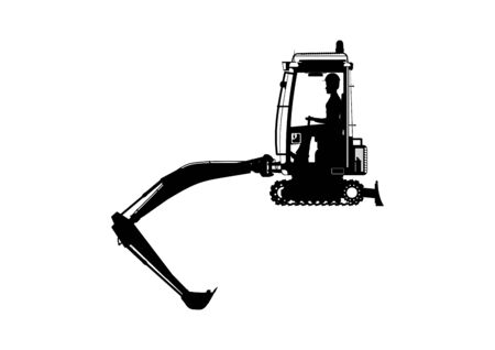 Mini excavator. Silhouette of an excavator with an operator in the middle. Side view. Flat vector.のイラスト素材